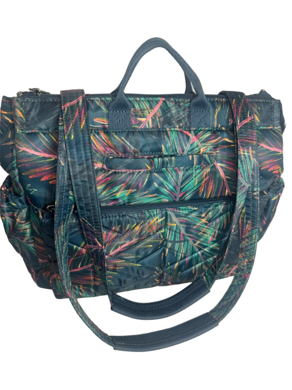 Lug Soprano Tropical Multi Print Tote Bag Teal with Multicolor Leaf Accents